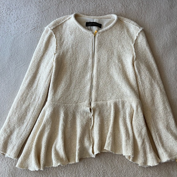 ZARA Woman Cream Peplum Zip Jacket with Gold Hardware L - Picture 4 of 12
